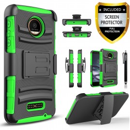 Moto Z, Moto Z Droid Case, Dual Layers [Combo Holster] Case And Built-In Kickstand Bundled with [Premium Screen Protector] Hybird Shockproof And Circlemalls Stylus Pen For Motorola Moto Z / Moto Z Droid (Green)